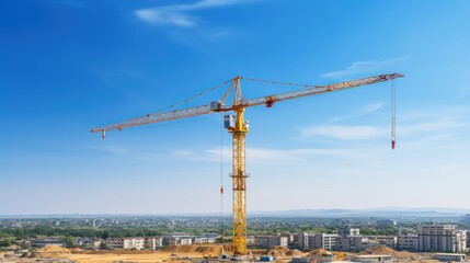 Fototapeta na wymiar Construction site and yellow lifting crane on blue sky background.