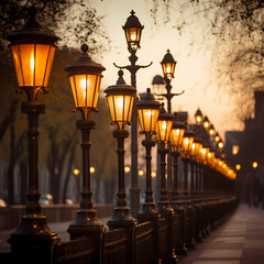 A row of antique street lamps casting warm light - obrazy, fototapety, plakaty
