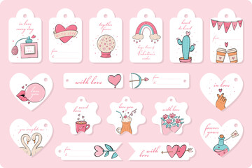 set of Valentine's day labels, tags, stickers for giftware, cards, posters, prints, invitations, etc decorated with doodles and lettering quotes. EPS 10