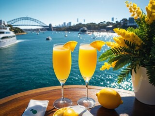 Morning Bliss Citrusy Delight at a Sydney Harbour Mimosa Brunch. AI Generated.