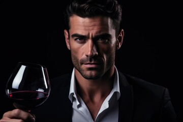 Elegance in simplicity: sommelier's hand cradles a wine glass, the dark backdrop intensifying the refined atmosphere