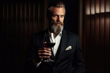 Dark and mysterious, a sommelier presents a glass of wine, capturing the essence of sophistication