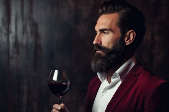 Wine expert in low light, holding a glass with contemplative poise, an image of refined taste