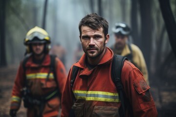 Obraz premium Brave Firefighters in Action: Powerful image of male firefighters courageously battling a forest blaze