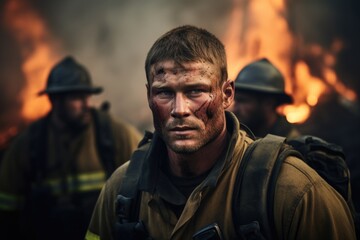 Fototapeta premium Determined Firefighting Team: Photo capturing the determination of a team of male firefighters combating a forest fire
