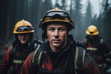 Fototapeta premium Men of Valor in the Flames: Striking photo portraying male firefighters as men of valor amidst the fiery chaos of a forest blaze