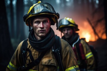 Heroes of the Wildfire: Close-up of male firefighters portrayed as heroes in the midst of a raging wildfire