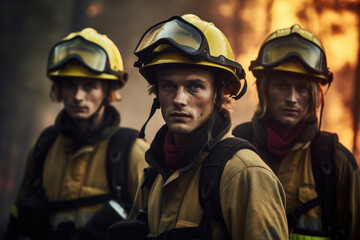 Fototapeta premium In the Heart of Danger: Close-up image of male firefighters courageously positioned in the heart of a dangerously burning forest