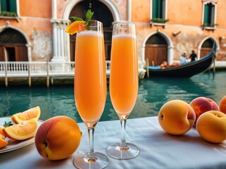 Sparkling Delight Bellini Bliss at a Venetian New Year s Brunch. AI Generated.