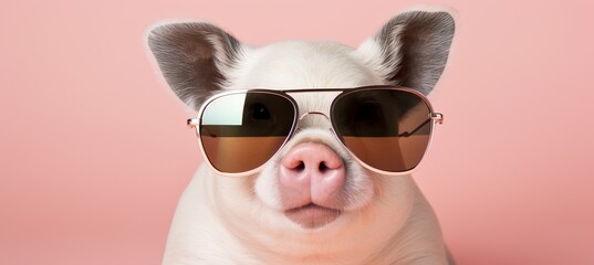 Happy piggy in stylish outfit poses on pastel background for fashion shoot with text space