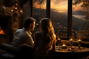 A couple sitting in a romantic restaurant against the sunset.Back view - obrazy, fototapety, plakaty
