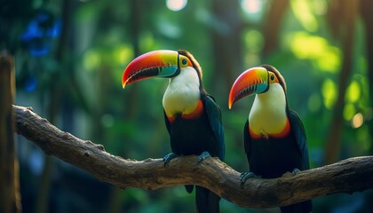 Fototapeta premium Toucan birds perched gracefully on forest branch with blurred green vegetation background