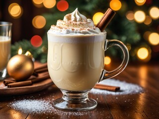 Cozy Delight Indulge in Creamy and Spiced Bourbon Eggnog for an American Christmas Morning. AI Generated.