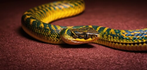  a green and yellow snake laying on top of a red carpet with it's head turned to the side.