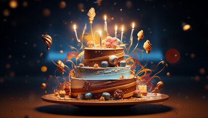 A birthday cake with icing and candles, in the style of dark amber and sky-blue, octane render,...