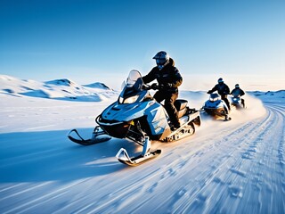 Thrilling Snowmobile Ride in the Arctic Tundra. AI Generated.