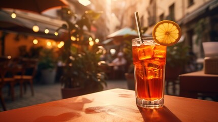 Generative AI, glass of Aperol Spritz on wooden table with blur background with lights of street bar, cafe or restaurant
 - obrazy, fototapety, plakaty