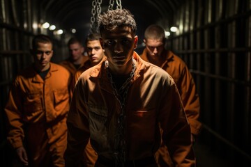 Inmates are detained in handcuffs at the prison.