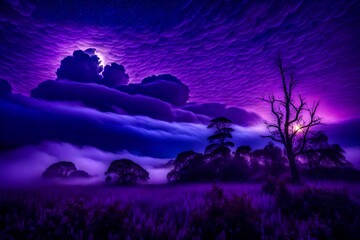 Fototapeta na wymiar purple environment in the hut with purple cloud and scary color 