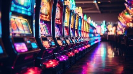 Rows of Colorful Slot Machines in a Casino Hall