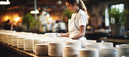 White tableware close up with woman washing dishes in industrial kitchen, blurred background - obrazy, fototapety, plakaty