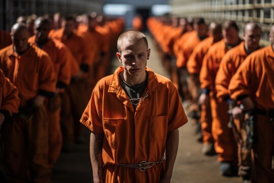 Inmates are detained in handcuffs at the prison.