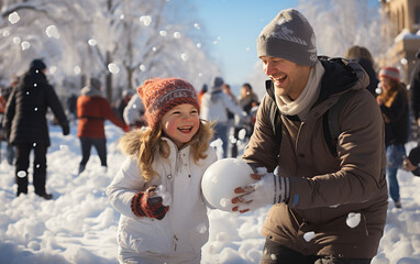 dzieci bawiące się z rodzicami na śniegu w słoneczny dzień. - obrazy, fototapety, plakaty