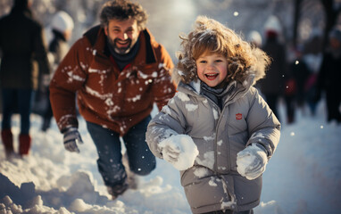 dzieci bawiące się z rodzicami na śniegu w słoneczny dzień. - obrazy, fototapety, plakaty