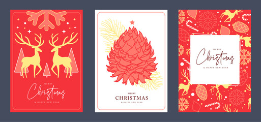 Naklejka premium Set of Christmas holiday greeting cards or covers with christmas desoration. Vector illustration