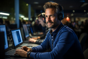 A man providing technical support to customers with a headset at the computer.