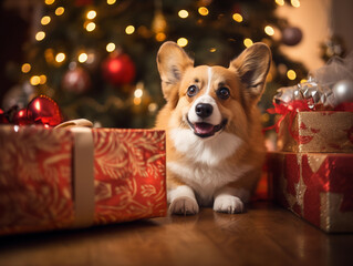 Adorable Holiday Corgi Puppy Laying with wrapped Christmas Presents Under the Tree