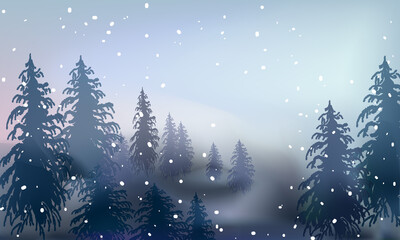 Fototapeta premium Winter snowfall on light blue gardient landscape illustration. Trees, house cold winter Christmas and New Year background.