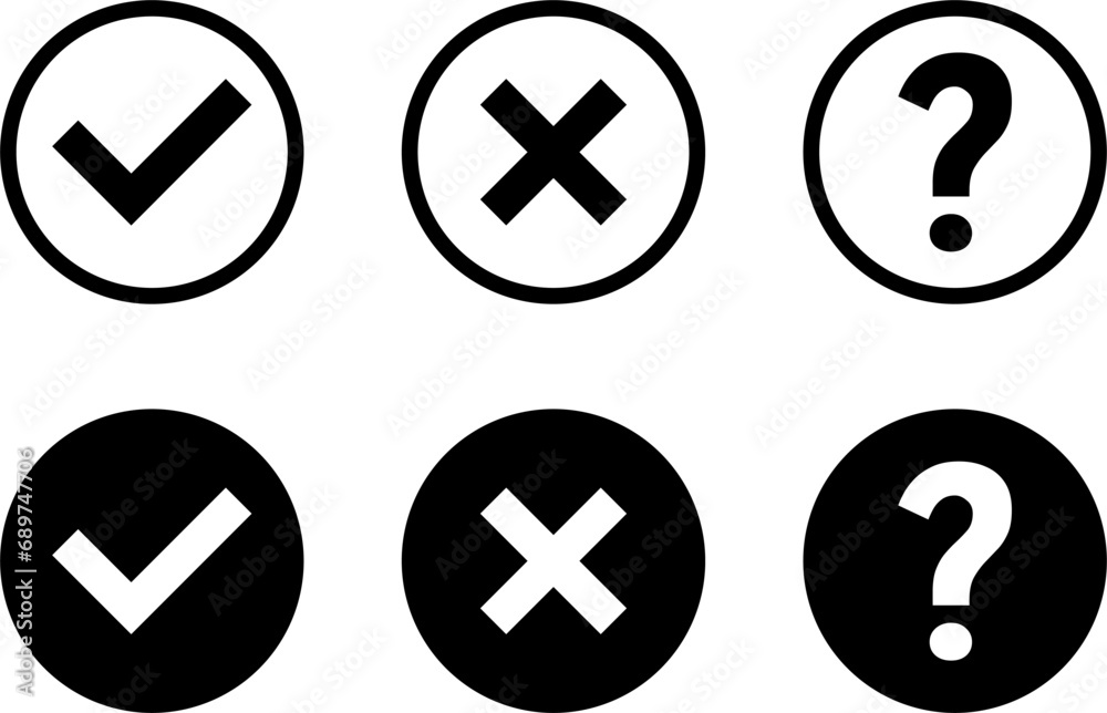 Poster black and white yes or ok no or declined problem or warning flat icon set with check mark x cross an