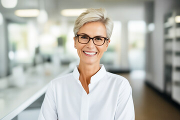 Woman with glasses smiling for the camera in room.