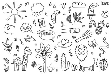 Doodle set safari. Vector linear drawing, set of cute children's illustrations of African animals. Set of cute African animals in doodle style. Vector illustration on a white background. - obrazy, fototapety, plakaty