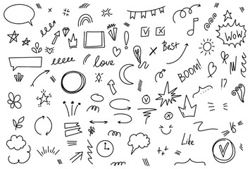 Draw a doodle by hand set karakol. Sketch underline, emphasis, arrow shape set. Hand drawn brush stroke, highlight, speech bubble, underline, sparkle element. Vector illustration.