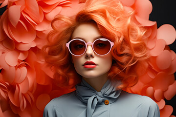 Woman with red hair and pink sunglasses on her face. - obrazy, fototapety, plakaty
