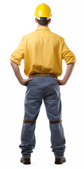 A man of a working specialty wearing a bright yellow construction helmet, a yellow shirt, and jeans stands with his back to the camera, holding his hands at his sides, isolated on a white background.