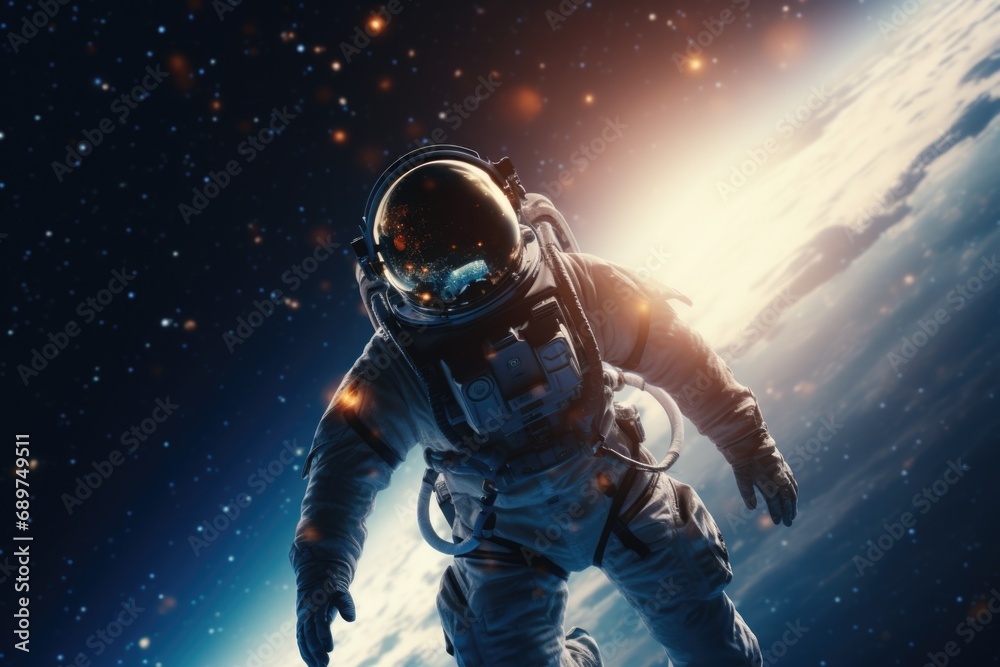Poster A man in a space suit floating in the air. Suitable for science fiction, space exploration, and futuristic concepts