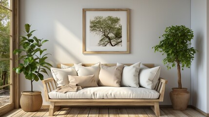 A modern living room with Japandi aesthetics, showcasing a beige sofa and chair against a clean, white wall.
