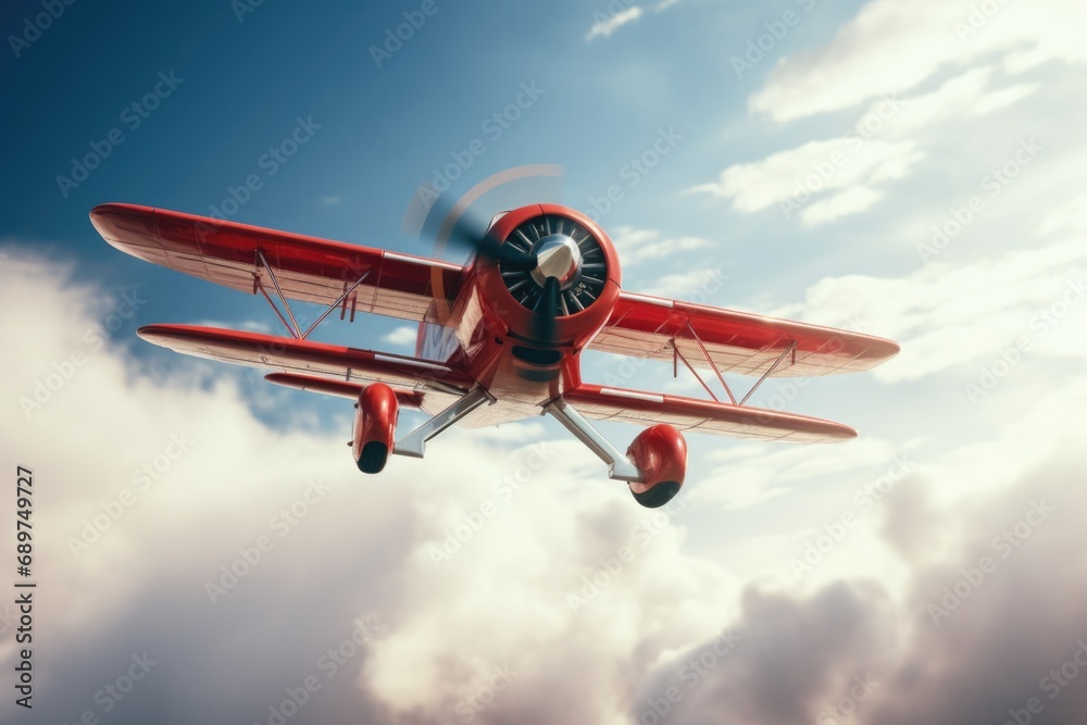 Poster a small red airplane soaring through a cloudy sky. perfect for aviation enthusiasts and travel-relat