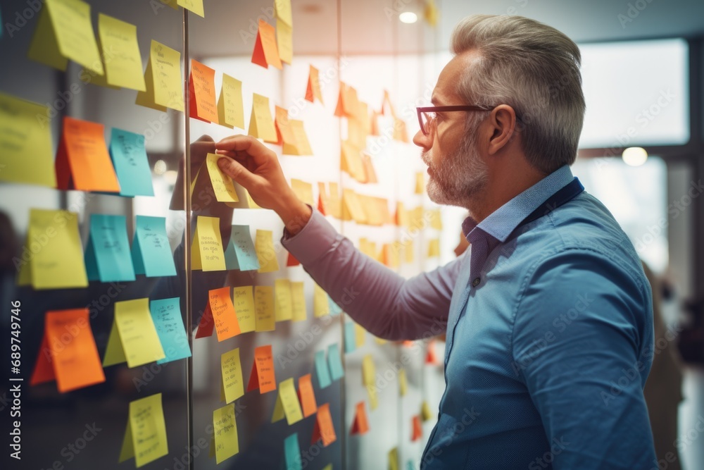 Poster a man in a blue shirt is looking at post-it notes on a wall. this image can be used to represent org