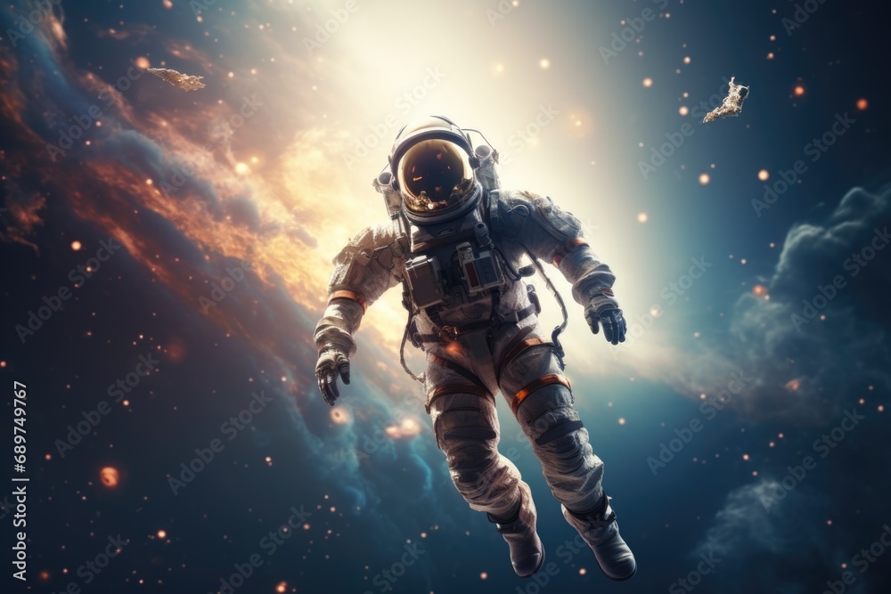 Poster An astronaut floating in the air with a space shuttle in the background. Suitable for space exploration and science fiction themes