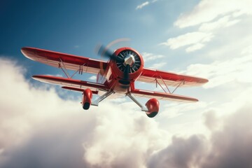 A small red airplane soaring through a cloudy sky. Perfect for aviation enthusiasts and travel-related designs - obrazy, fototapety, plakaty