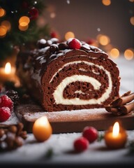 home made Yule Log cake, bright decorative kitchen background

