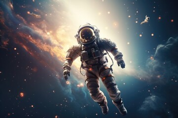 An astronaut floating in the air with a space shuttle in the background. Suitable for space exploration and science fiction themes - obrazy, fototapety, plakaty