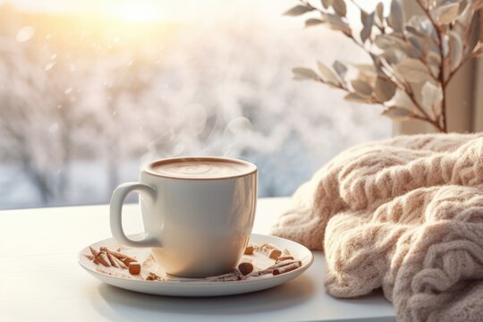 A cup of coffee is placed on a saucer next to a cozy blanket. This image can be used to depict relaxation, comfort, and enjoying a warm beverage