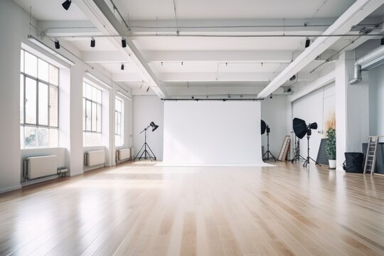 A spacious room with a white backdrop, perfect for various creative purposes