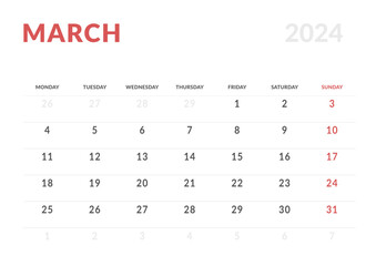 Monthly page Calendar Planner Templates of March 2024. Vector layout of simple calendar with week start Monday for print. Page for size A4 or 21x29.7 cm