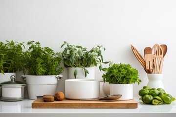 A kitchen counter with pots of plants and utensils. Perfect for adding a touch of nature to your...